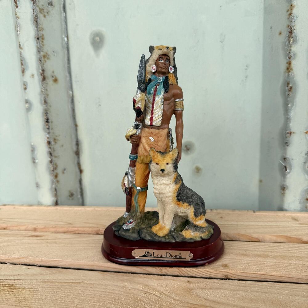 Vintage Native American Indian with Spear and Wolf Figurine